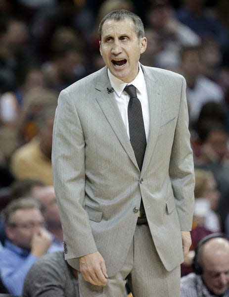 Cleveland Cavaliers head coach David Blatt yells to players in the second half of an NBA basketball game against the Golden State Warriors, Monday, Jan. 18, 2016, in Cleveland. The Warriors won 132-98. (AP Photo/Tony Dejak)