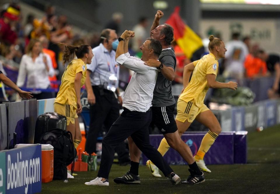 Belgium head coach Ives Serneels celebrates with his players after their 1-0 win over Italy (Nick Potts/PA) (PA Wire)