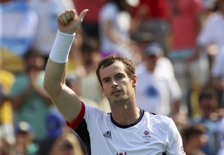 2016 Rio Olympics - Tennis - Preliminary - Men's Singles Second Round - Olympic Tennis Centre - Rio de Janeiro, Brazil - 09/08/2016. Andy Murray (GBR) of United Kingdom celebrates after winning his match against Juan Monaco (ARG) of Argentina. REUTERS/Kevin Lamarque