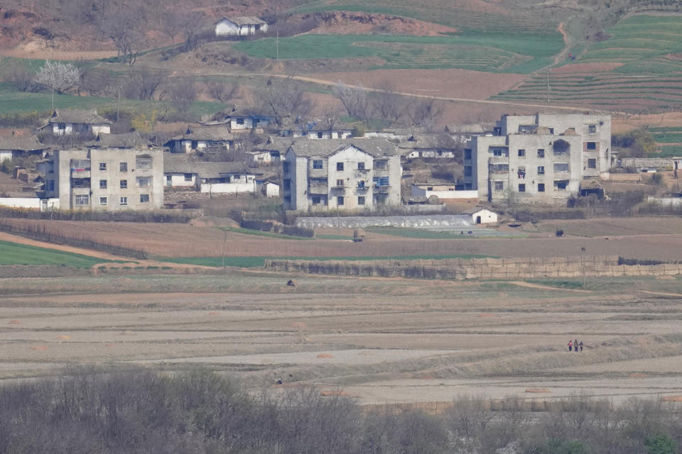 North Korea's Kaepoong town is seen from the unification observatory in Paju, South Korea, Friday, April 15, 2022. North Korea is marking a key state anniversary Friday with calls for stronger loyalty to leader Kim Jong Un, but there was no word on an expected military parade to display new weapons amid heightened animosities with the United States. (AP Photo/Lee Jin-man)