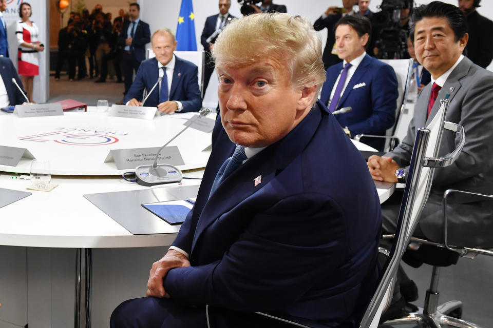 BIARRITZ, FRANCE - AUGUST 25: US President Donald Trump attends the first working session of the G7 Summit on August 25, 2019 in Biarritz, France. The French southwestern seaside resort of Biarritz is hosting the 45th G7 summit from August 24 to 26. High on the agenda will be the climate emergency, the US-China trade war, Britain's departure from the EU, and emergency talks on the Amazon wildfire crisis. (Photo by Jeff J Mitchell - Pool /Getty Images)