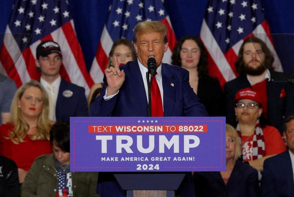 PHOTO: Former President Donald Trump speaks during a campaign rally in Green Bay, WI, April 2, 2024.   (Brian Snyder/Reuters)