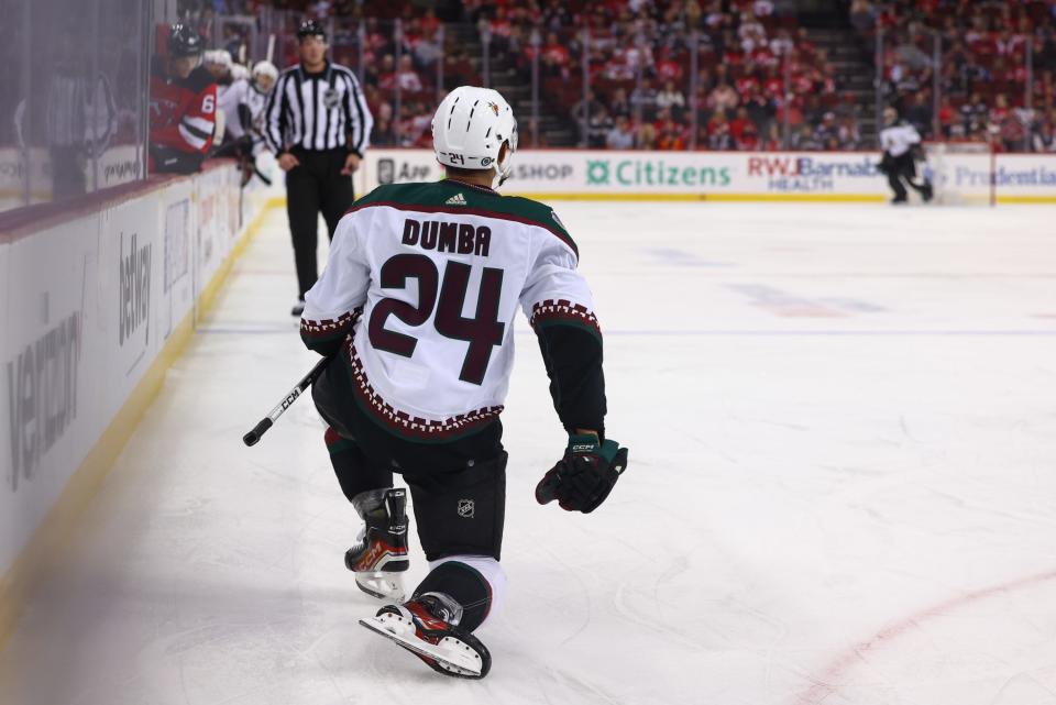 Arizona Coyotes defenseman Matt Dumba (24) celebrates his goal against the New Jersey Devils during the first period at Prudential Center in Newark, New Jersey on Oct. 13, 2023.