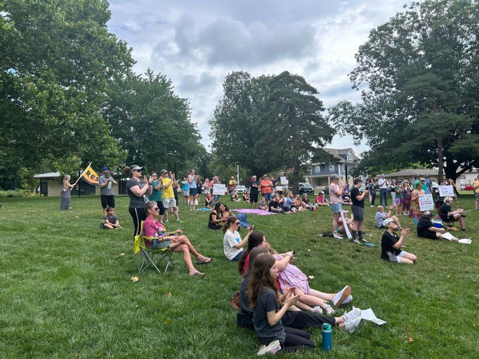 Kansans gathered at Thompson Park to protest SB 180 Saturday.