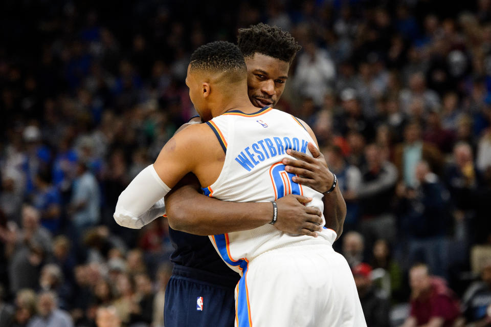 Jimmy Butler and Russell Westbrook congratulate one another on their respective All-Star selections. (Getty)