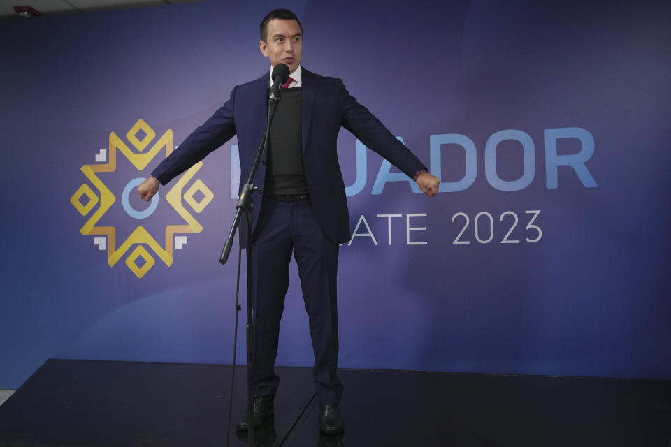 Daniel Noboa, presidential candidate for National Democratic Action Alliance speaks prior to the presidential debate in Quito, Ecuador, Sunday, Aug. 13, 2023. Ecuador goes to the polls in a presidential election on Aug. 20. (AP Photo/Dolores Ochoa)