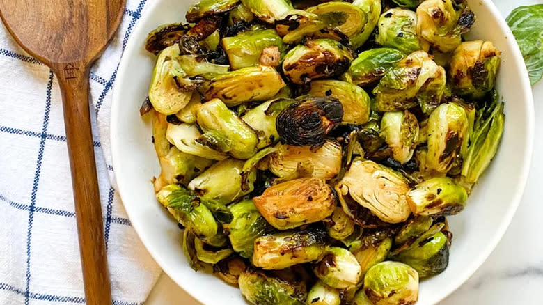 Large bowl of panfried Brussels sprouts