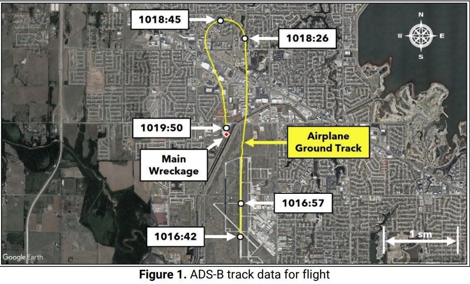 In this image from an aviation investigation preliminary report, the path of a 1968 Beech plane is shown as it leaves Wiley Post Airport, turns to head back and then crashes. The times reflect the hour, minute and second at that point.