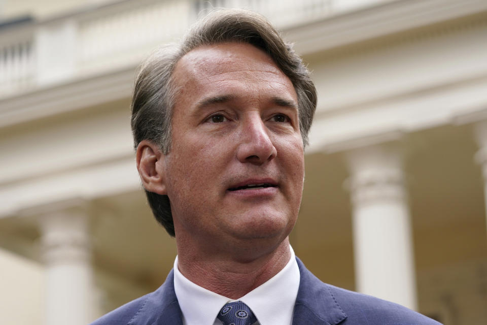 FILE - Republican Virginia Gov.-elect Glenn Youngkin speaks to the media after a transition luncheon in front of the Governor's Mansion at the Capitol in Richmond, Va., on Nov. 4, 2021. Youngkin has tapped a former coal lobbyist and Trump administration Environmental Protection Agency chief to join his cabinet in a role overseeing the state’s environmental policy. Youngkin's transition announced Wednesday, Jan. 5, 2022, that Andrew Wheeler is his pick for secretary of natural resources. (AP Photo/Steve Helber, File)