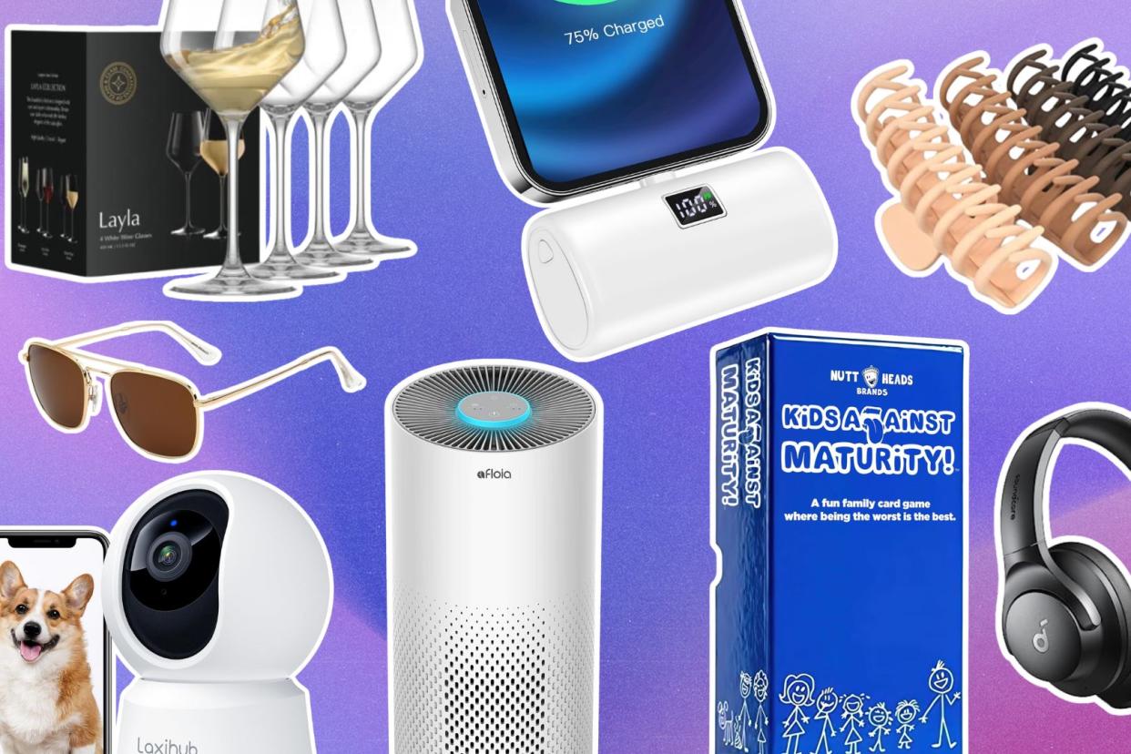 amazon wine glasses, sunglasses, pet camera, air purifier, wireless charger, hair clips, card game, over ear headphones