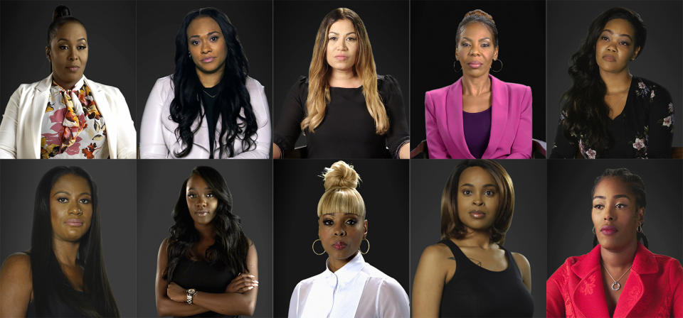 This combination of photos provided by Lifetime shows, top row from left, Michelle Kramer, Lisa VanAllen, Lizzette Martinez, Andrea Kelly and Kitti Jones, bottom row from left, Asante McGee, Faith Rodgers, Stephanie "Sparkle" Edwards, Jerhonda Pace and Jovante Cunningham from the documentary series "Surviving R. Kelly." The series was named one of the top ten TV shows of the year by the Associated Press. (Lifetime via AP)