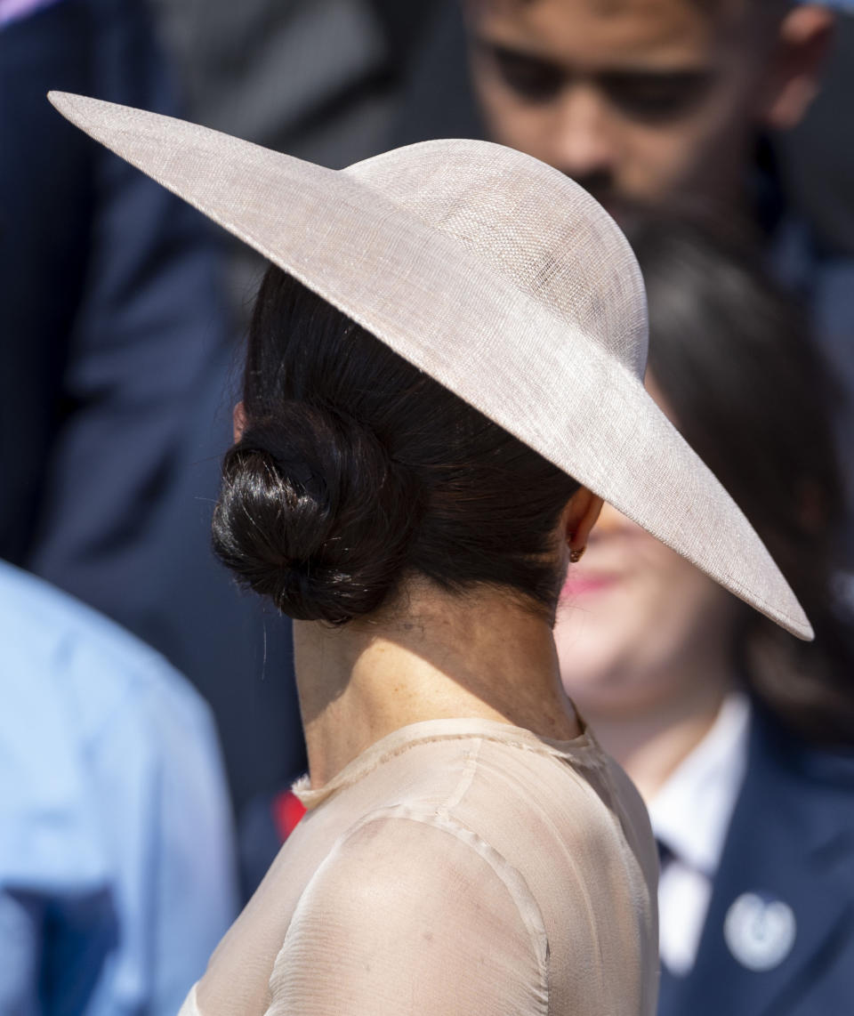 <p>Here’s another look at her low side bun. Photo: Getty </p>