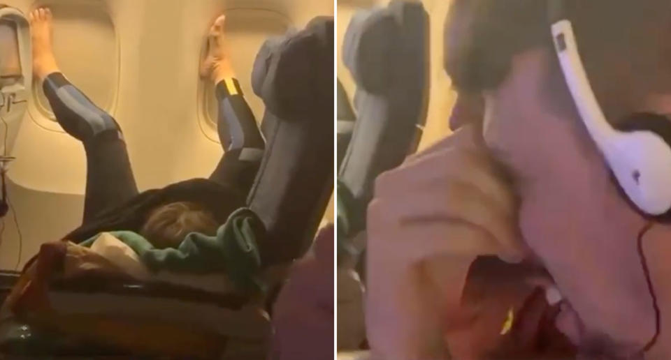 A plane passenger, from Brazil, on a flight to Mexico City shared a video of a fellow traveller with their feet propped up against the wall of first class.