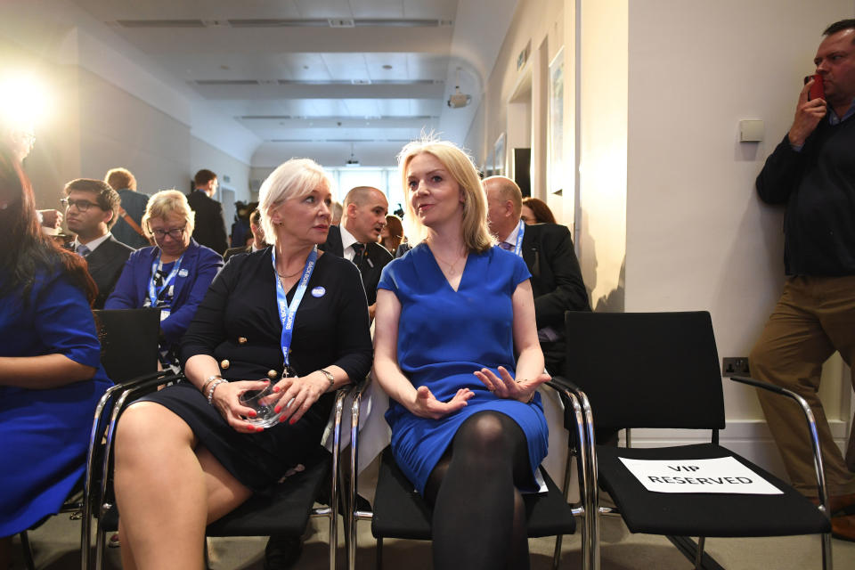RETRANSMITTED AMENDING LOCATION Conservative MP Nadine Dorries and Chief Secretary to the Treasury Liz Truss attend the launch of Boris Johnson's campaign to become leader of the Conservative and Unionist Party and Prime Minister at the Royal Academy of Engineering in central London. (Photo by Stefan Rousseau/PA Images via Getty Images)