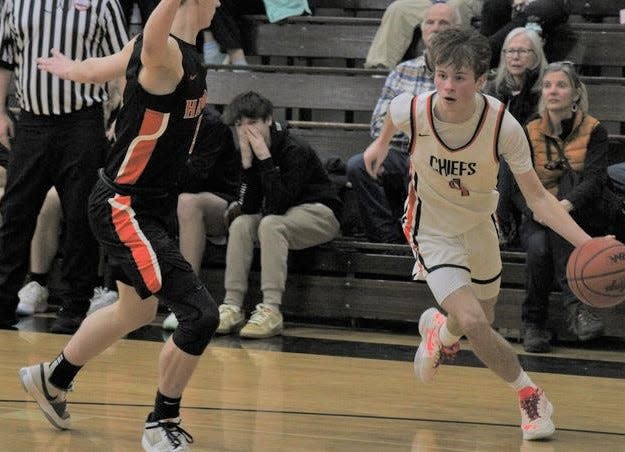 Cheboygan senior guard Kaleb Goodrich (right) made the All-Straits Area Conference boys basketball second team, along with freshman teammate Gavin Smith.