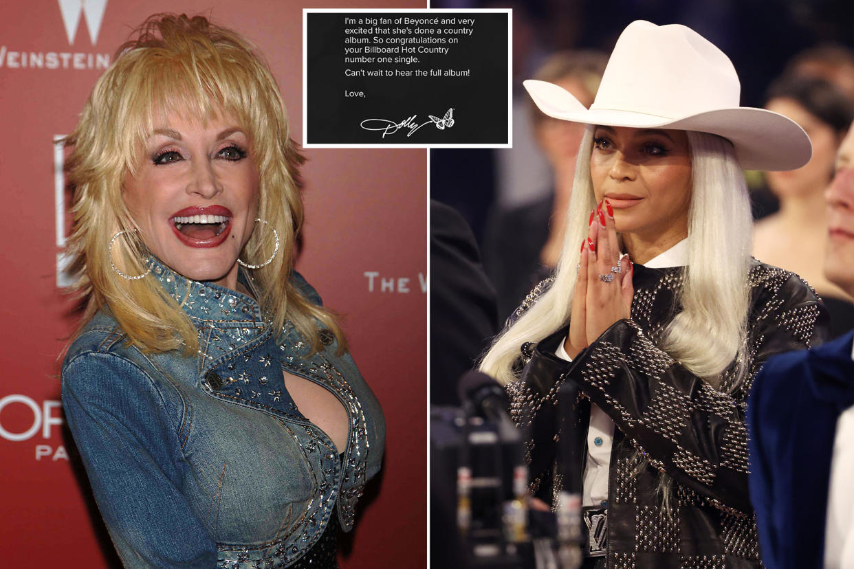 "I'm a big fan of Beyoncé and very excited that she's done a country album," Dolly Parton, 78, wrote on Instagram. "So congratulations on your Billboard Hot Country number one single."