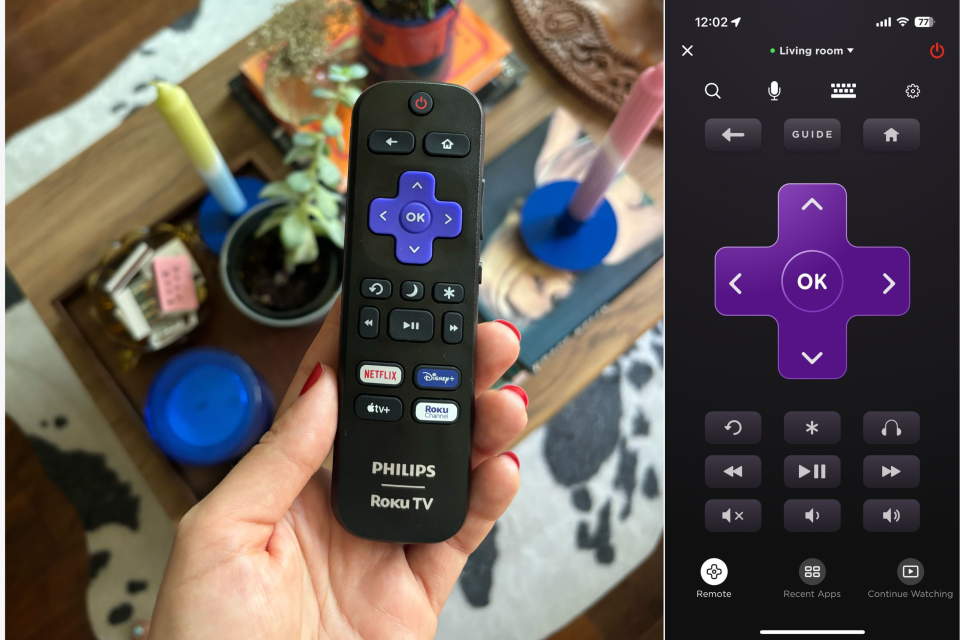 roku tv remote and screenshot of roku app as a remote