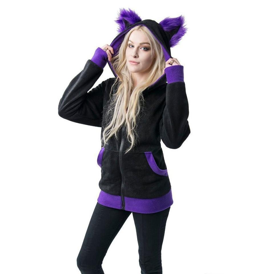 Model wearing a Fluffy Mew Hoodie on a white background