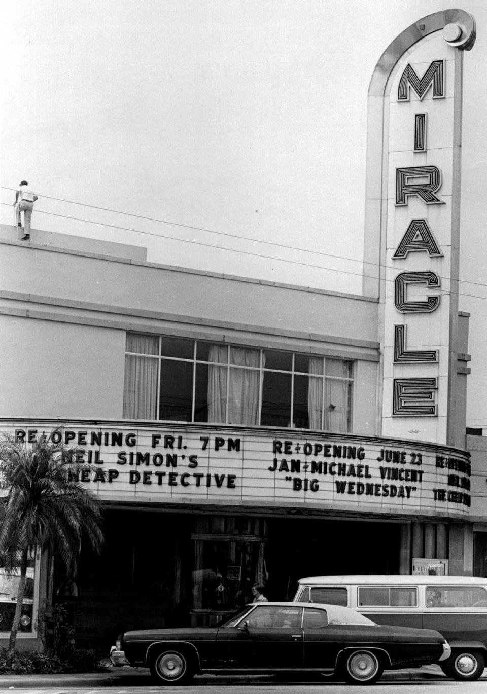 In this file photo from 1978, the Miracle Theatre in Coral Gables, then owned by Wometco, was undergoing renovations to go from a single screen movie palace to a two-screen Miracle Twin. Films showing that summer of 1978 at the Miracle included “Neal Simon’s Cheap Detective” and “Big Wednesday,” starring Jan-Michael Vincent.