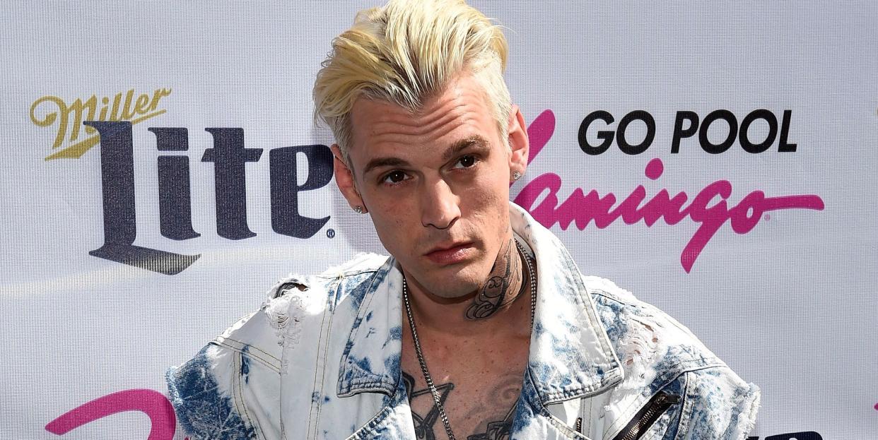 singer aaron carter arrives at the go pool at flamingo las vegas on april 15, 2017 in las vegas, nevada