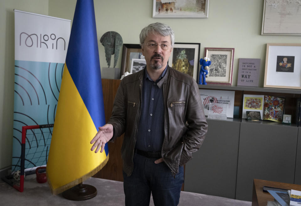 Oleksandr Tkachenko, Ukraine's culture minister talks to The Associated Press in Kyiv, Ukraine, Tuesday, Sept. 6, 2022. Russia's invasion of Ukraine is being accompanied by the destruction, damaging and pillaging of historical sites and treasures on an industrial scale. (AP Photo/Efrem Lukatsky)