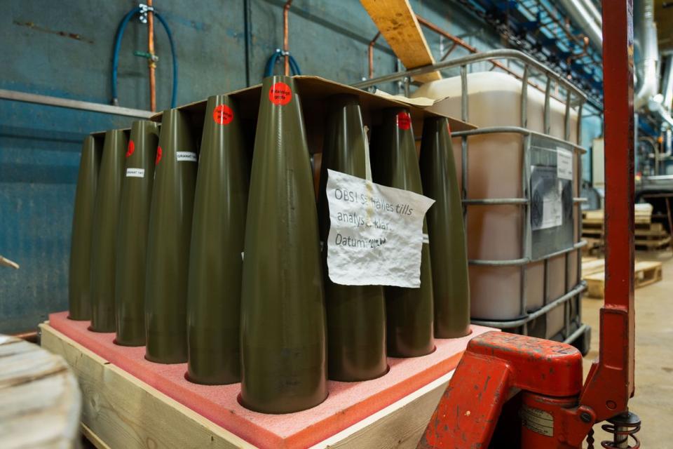 The production of 155mm artillery shells at Nammo, a Finnish-Norwegian-owned defense company in Karlskoga, Sweden, on April 2, 2024. (Olena Zashko / The Kyiv Independent)