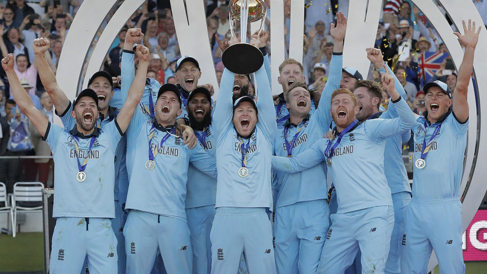 England players, pictured here celebrating with the Cricket World Cup trophy.