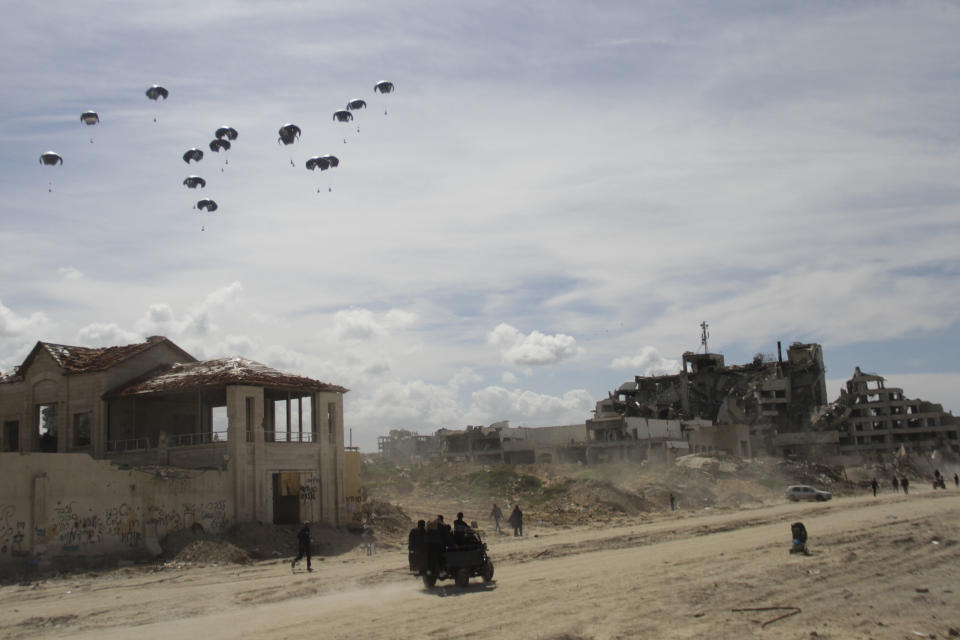 United States Air Force drops humanitarian aid to Palestinians in Gaza City, Gaza Strip, on Saturday, March 9, 2024. (AP Photo/Mahmoud Essa)