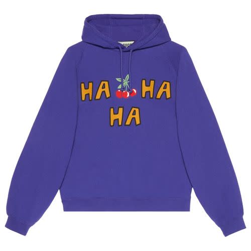 <p><a class="link " href="https://www.gucci.com/uk/en_gb/pr/men/ready-to-wear-for-men/tracksuit-sweatshirts-for-men/sweatshirts-for-men/gucci-ha-ha-ha-cherry-sweatshirt-p-711331XJE4X4120" rel="nofollow noopener" target="_blank" data-ylk="slk:SHOP;elm:context_link;itc:0;sec:content-canvas">SHOP</a></p><p>Despite the connotations of its moniker, Gucci’s collection with Mr Harry Styles isn’t funny, it’s serious. Peep the collab's expertly-cut whimsical graphic hoodie for confirmation that they're not playing. </p><p>£1,000; <a href="https://www.gucci.com/uk/en_gb/pr/men/ready-to-wear-for-men/tracksuit-sweatshirts-for-men/sweatshirts-for-men/gucci-ha-ha-ha-cherry-sweatshirt-p-711331XJE4X4120" rel="nofollow noopener" target="_blank" data-ylk="slk:gucci.com;elm:context_link;itc:0;sec:content-canvas" class="link ">gucci.com</a></p>