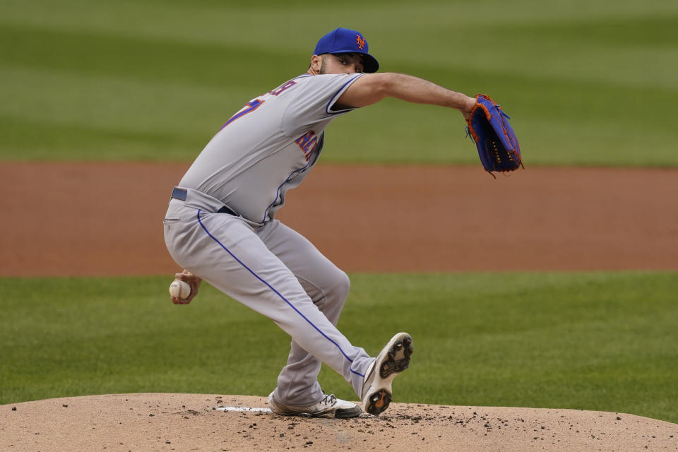 New York Mets starting pitcher Joey Lucchesi delivers during the first inning of a baseball game against the Washington Nationals, Friday, June 18, 2021, in Washington. (AP Photo/Carolyn Kaster)