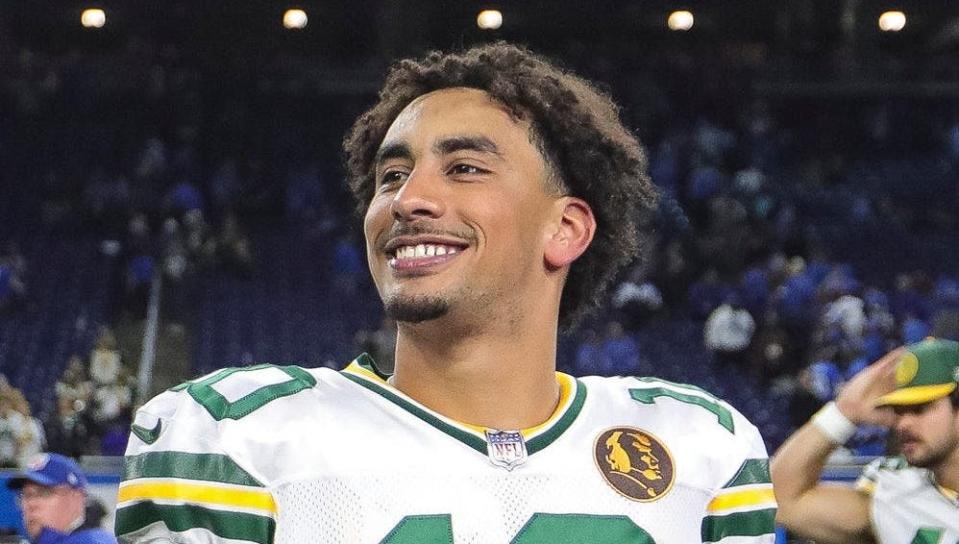 Green Bay Packers quarterback Jordan Love smiles during a postgame interview with Fox Sports' Erin Andrews after the 29-22 win over the Detroit Lions at Ford Field in Detroit on Thursday, Nov. 23, 2023. Junfu Han/USA TODAY NETWORK