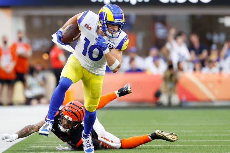 Los Angeles Rams wide receiver Cooper Kupp (L) should still be selected, but I wouldn't take him until the second round of fantasy football drafts. File Photo by John Angelillo/UPI