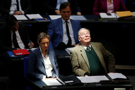 Alexander Gauland and Alice Weidel of the Anti-immigration party Alternative for Germany (AfD) during debate at the German lower house of parliament Bundestag in Berlin, Germany, February 22, 2018. REUTERS/Axel Schmidt