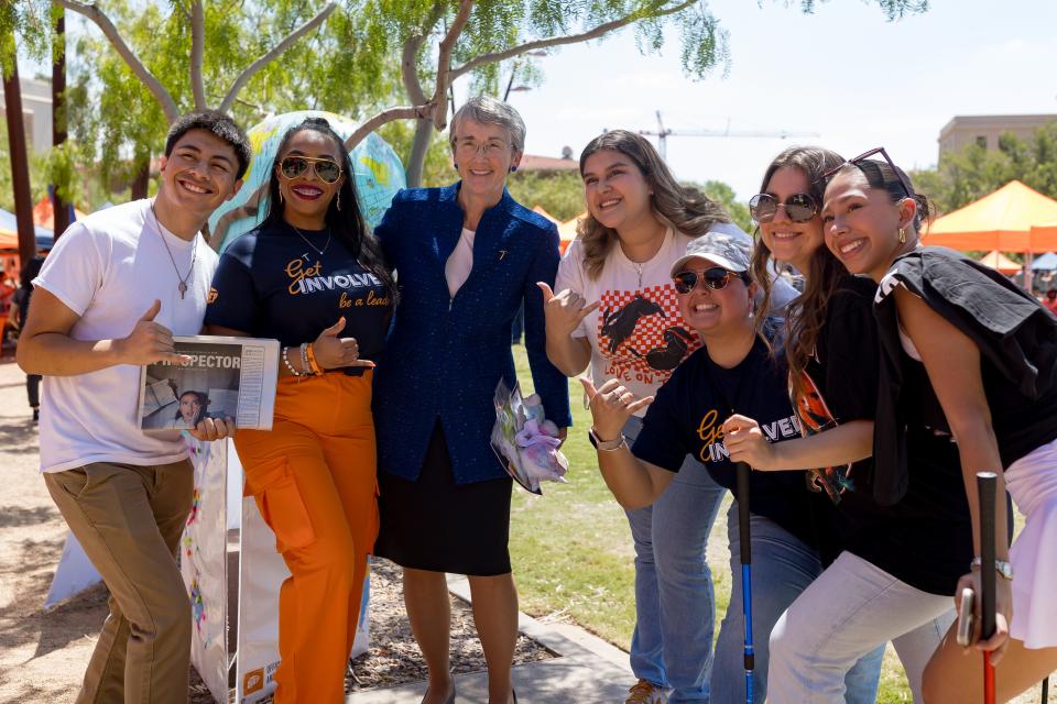 Student Media and Publications staff takes a photo with UTEP President Heather Wilson at Centennial Plaza on Wednesday, Aug. 30, 2023. "We’d never recruited outside of West Texas before two years ago," Wilson said. Now UTEP is broadening its reach.
