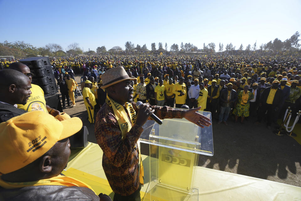 Zimbabwe's main opposition leader Nelson Chamisa addresses supporters at a a rally on the outskirts of Harare on Sunday, July 17, 2023. In an interview with The Associated Press Chamisa gave warning that any evidence of tampering by Mnangagwa's ruling ZANU-PF party in this month's elections could lead to "total disaster" for an already-beleaguered nation. Zimbabwe has a history of violent and disputed votes. (AP Photo/Tsvangirayi Mukwazhi)