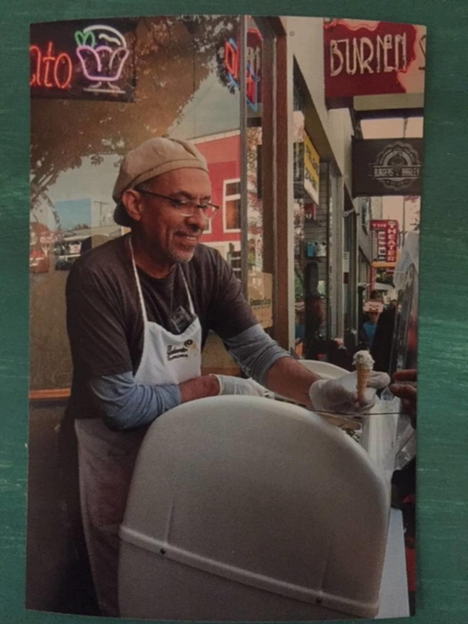 Fareed Al-Abboud serving mini gelato cones outside the old Burien shop during a street fair. “People lined up around the block for a taste,” said Jennifer.