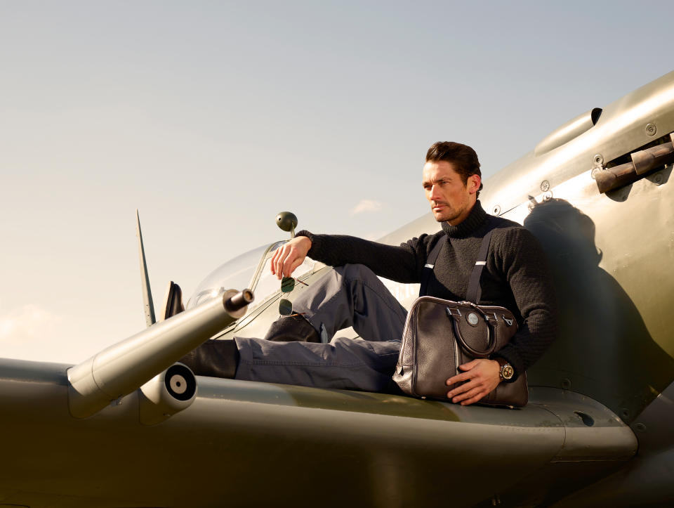 David Gandy poses on a Spitfire for his new Aerodrome Collection designed with Aspinal of London [Photo: Andy Barnham]