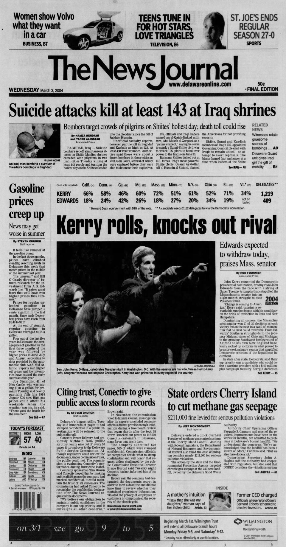 Front page of The News Journal from March 3, 2004.