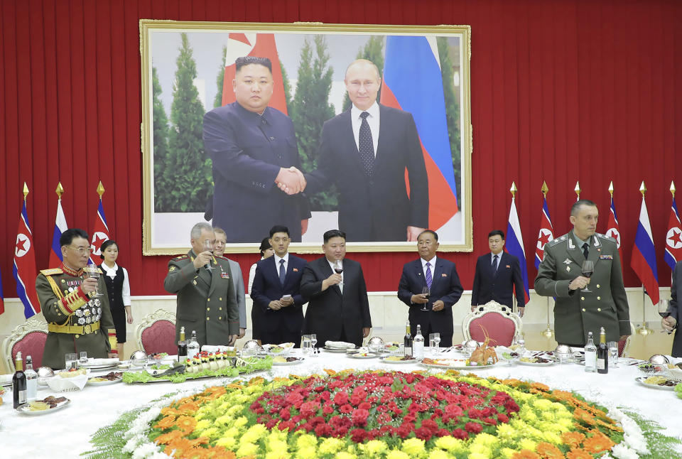 In this photo provided by the North Korean government, North Korean leader Kim Jong Un, center, and Russian Defense Minister Sergei Shoigu, center left, attend a banquet at the ruling Workers’ Party’s headquarters in Pyongyang, North Korea Thursday, July 27, 2023. Independent journalists were not given access to cover the event depicted in this image distributed by the North Korean government. The content of this image is as provided and cannot be independently verified. (Korean Central News Agency/Korea News Service via AP)