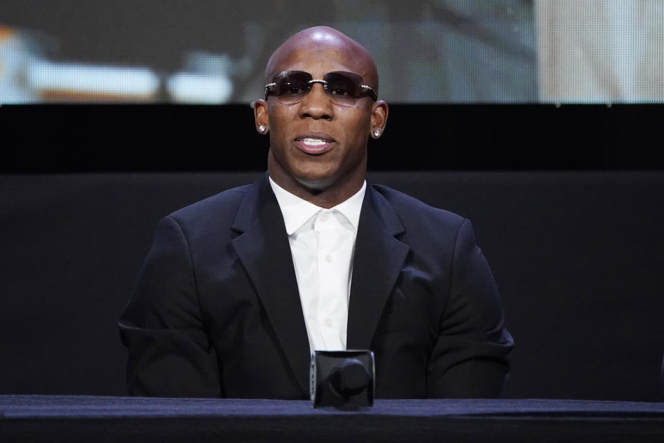 Yordenis Ugas, of Cuba, attends a news conference Wednesday, Aug. 18, 2021, in Las Vegas. Ugas is scheduled to fight Manny Pacquiao, of the Philippines, in a welterweight championship bout Saturday in Las Vegas. (AP Photo/John Locher)