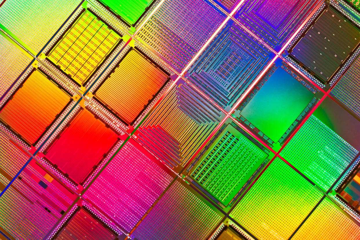 Multi Colored Computer Silicon Wafer Extreme Close-up Shot. Photo: Getty