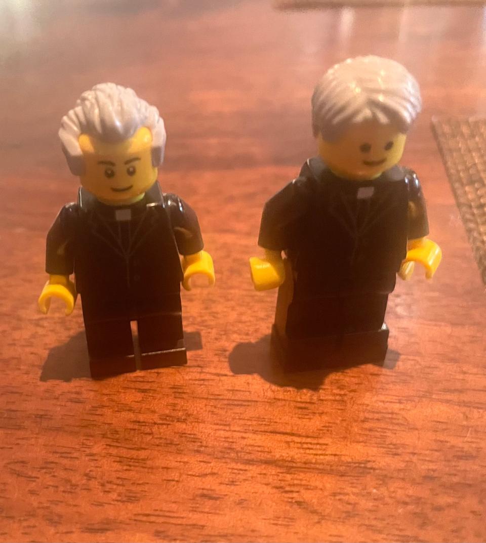 Lego versions of the Rev. Theodore M. Hesburgh and the Rev. Edmund P. Joyce are among the figures who populate the Rev. Bob Simon's Lego replica of the University of Notre Dame's Administration Building and surrounding quad.