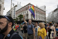 Participants take part in the annual Pride parade, in Athens, Saturday, June 10, 2023. June marks the beginning of Pride month in the U.S. and many parts of the world, a season intended to celebrate the lives and experiences of LGBTQ+ communities and to protest against attacks on hard-won civil rights gains. (AP Photo/Yorgos Karahalis)