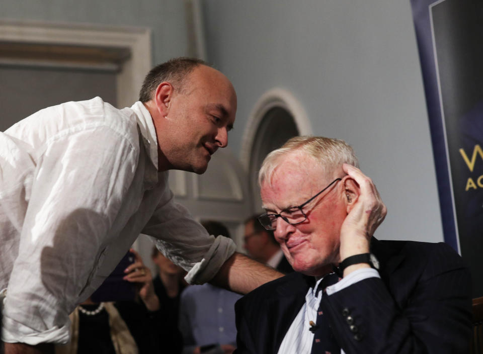 Senior political aide Dominic Cummings speaks to Stuart Wheeler, at his book launch for Winning Against the Odds: My Life in Gambling and Politics, at Carlton House Terrace, London.