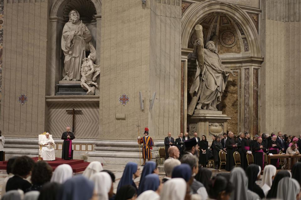 Pope Francis leads a prayer for peace inside St. Peter's Basilica, at The Vatican, Friday, Oct. 27, 2023. (AP Photo/Andrew Medichini)