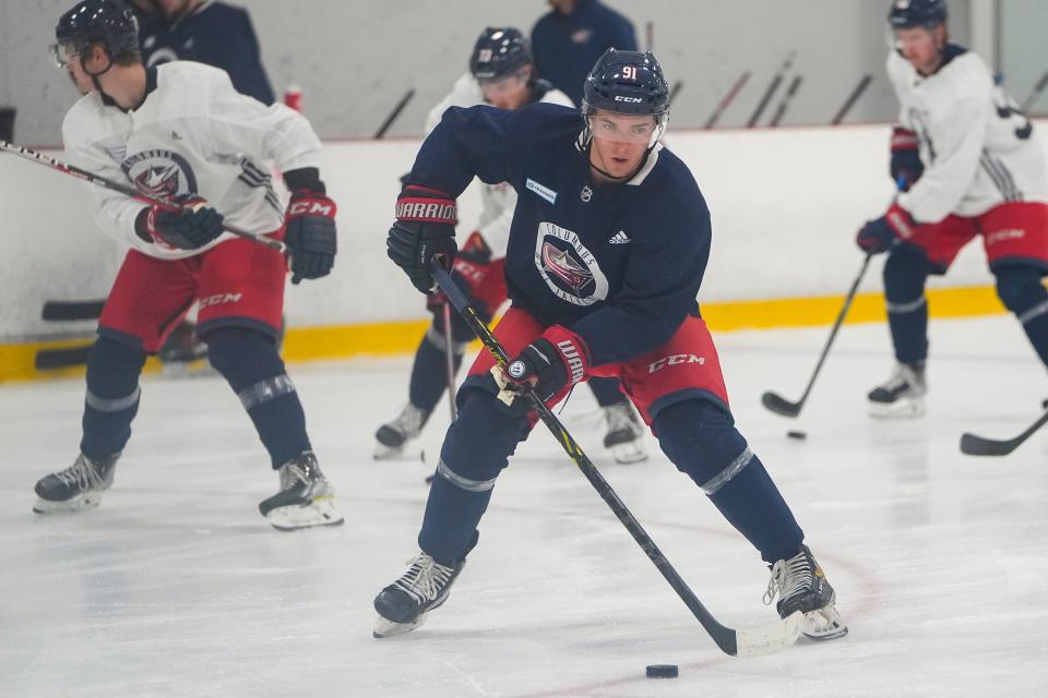 Jul. 12, 2022; Lewis Center, OH USA;  Columbus Blue Jackets defenseman Aidan Hreschuk skates up ice during development camp at the OhioHealth Chiller North in Lewis Center on July 12, 2022. Mandatory Credit: Adam Cairns-The Columbus Dispatch