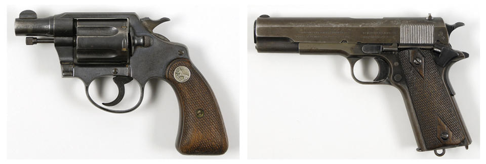 This pair of undated photos provided by RR Auction of Amherst, N.H., show firearms once owned by outlaws and lovers Clyde Barrow and Bonnie Parker. Parker’s Colt .38 snub-nose detective special, left, was found taped to her inside thigh with white medical tape after she was shot dead. Barrow's Colt .45, right, was recovered post-mortem from his waistband. Besides guns from both 1930s-era criminals, a New Hampshire company is going to auction off Bonnie and Clyde memorabilia in September that also includes Bonnie's cosmetic case, Clyde's gold pocket watch, and a letter Clyde wrote to his brother while on the run. (AP Photo/RR Auction)