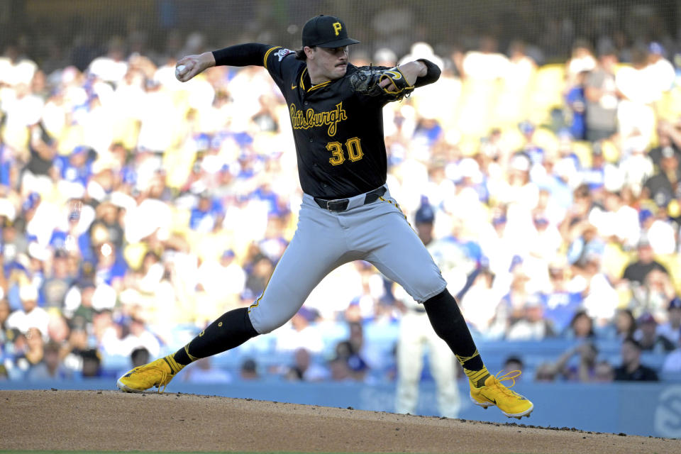 Pittsburgh Pirates Paul Skenes delivers to the plate in the first inning against the Los Angeles Dodgers during a baseball game Saturday, Aug. 10, 2024, in Los Angeles. (AP Photo/Jayne-Kamin-Oncea)