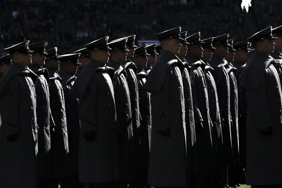 The Army march-on takes place before the start of the Army Navy college football game at Lincoln Financial Field in Philadelphia on Saturday, Dec. 10, 2022. (Heather Khalifa/The Philadelphia Inquirer via AP)