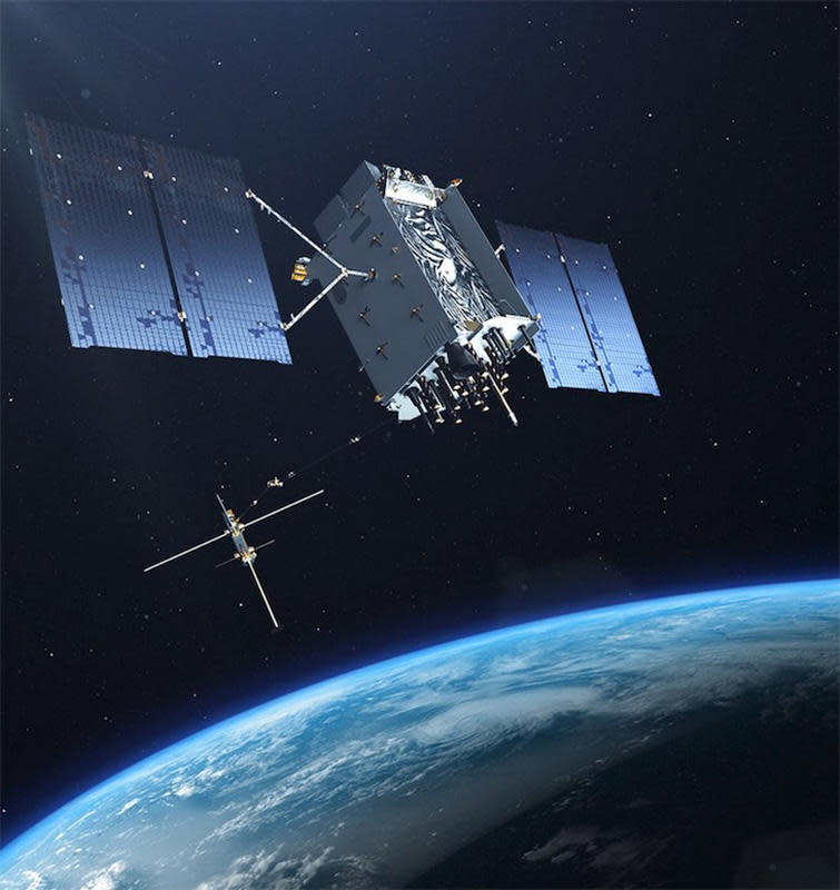 An artist's impression of a GPS 3 navigation satellite in orbit with its solar arrays and antennas deployed. / Credit: Lockheed Martin